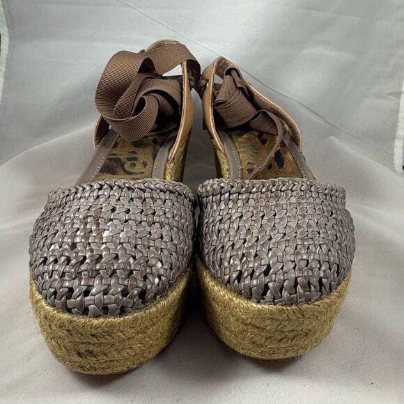 SAM EDELMAN Brown Woven Espadrille Wedge Sandals with Ribbon Tie, Size 7.5 - Picture 1 of 8